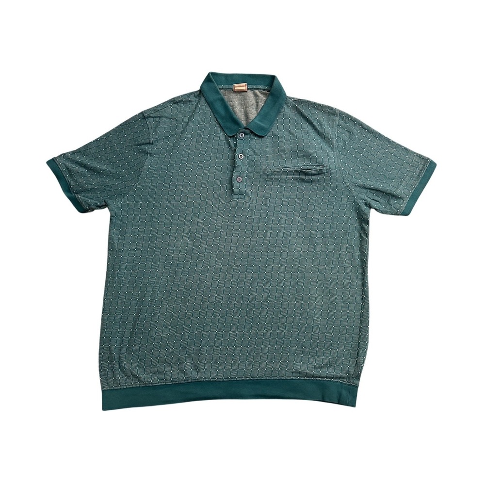 Haband Casual Joe Polo Shirt Mens XL Teal Geometric Knit Banded Hem Excellent